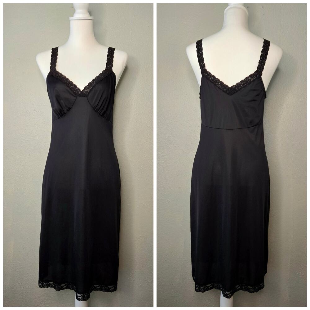 Dark Romantic Vintage Lingerie Lace Trim Midi Slip Dress Size 34 Black Elegant